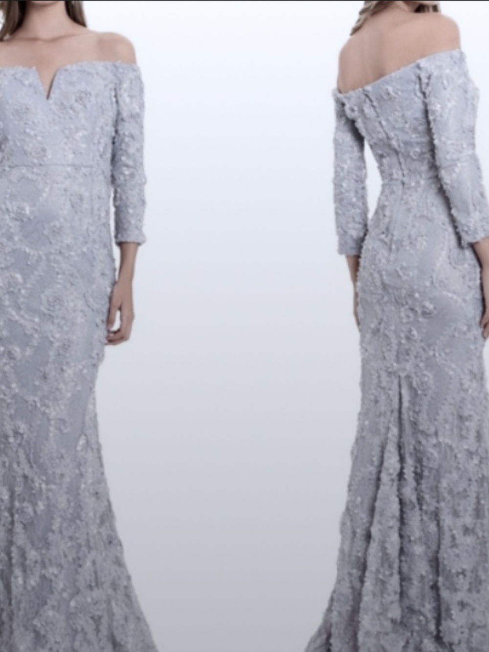 XSCAPE Off the Shoulder 3/4 Sleeve lined Lace Trumpet Gown, Gray, size 10